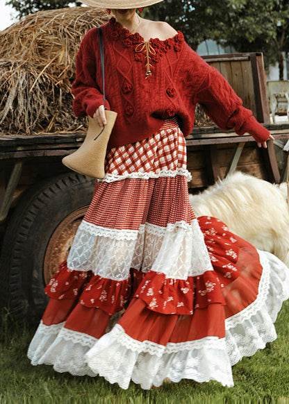Modern Red Exra Large Hem Patchwork Lace Holiday Skirts Spring