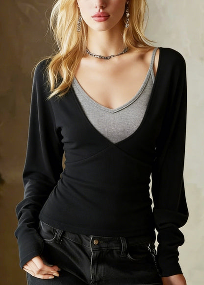 Black Top and Spaghetti Strap Cotton Two Pieces Set Spring