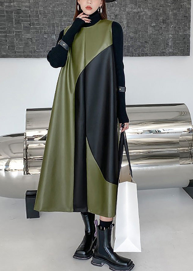 Style Army Green O-neck Patchwork Zippered Party Long Waistcoat Dress Spring
