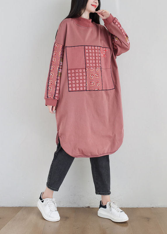 Pink Stand Collar Print Cotton Loose Sweatshirt Dress Spring