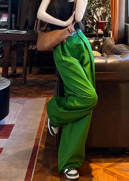 Style Green Pockets Cotton Wide Leg Pants Spring