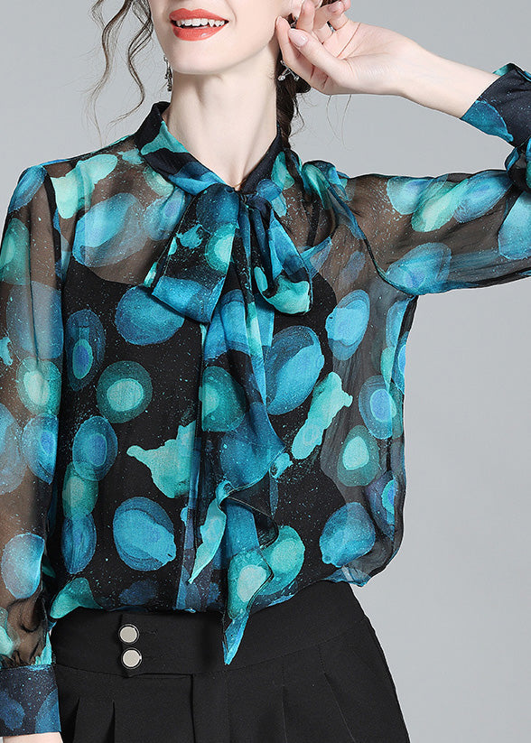 Blue Stand Collar Print Bow Silk Shirt Long Sleeve