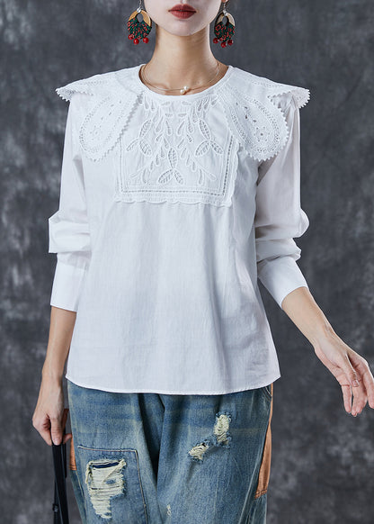 Art White O-neck Lace Patchwork Cotton Shirt Top Fall