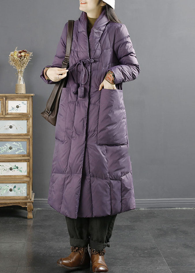 Purple Stand Collarembroideried Tassel Pockets Duck Down Down Coat Long Sleeve