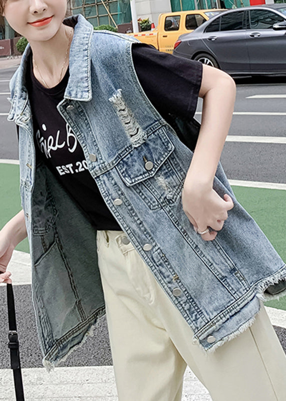 Diy Light Blue Peter Pan Collar Denim Waistcoat Sleeveless