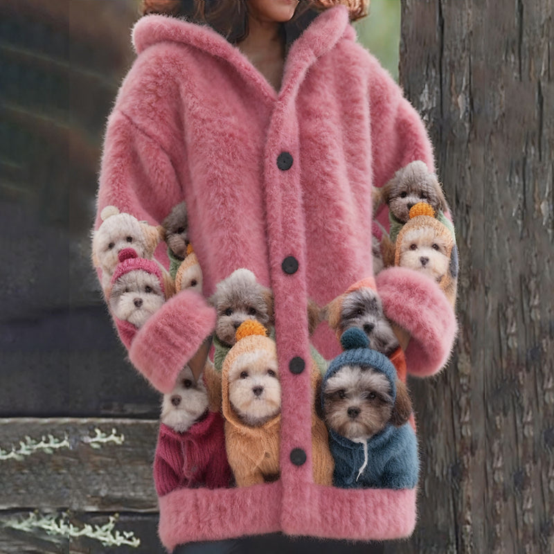 Comstylish Women's Cute Dog Pattern Cozy Hooded Sweater Cardigan