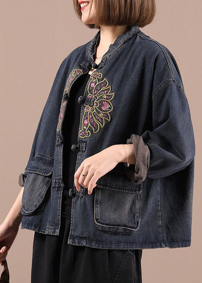 Black Button Embroideried Pockets Spring Denim Jackets