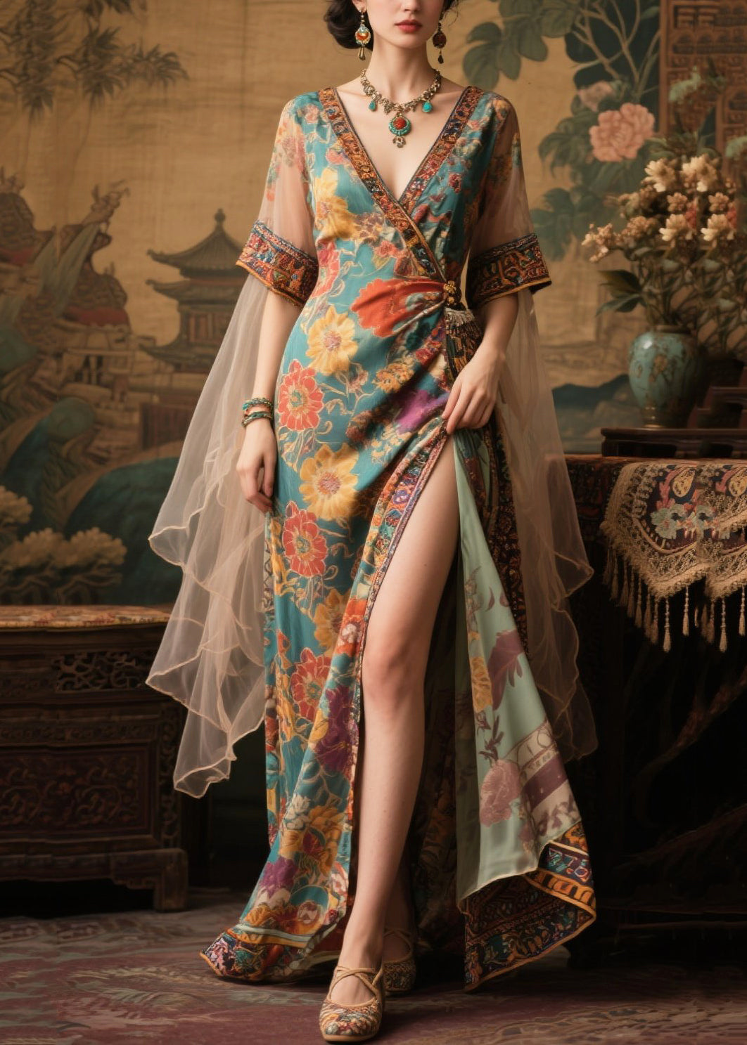 Tea Green Side Open Chiffon Dinner Dress Summer