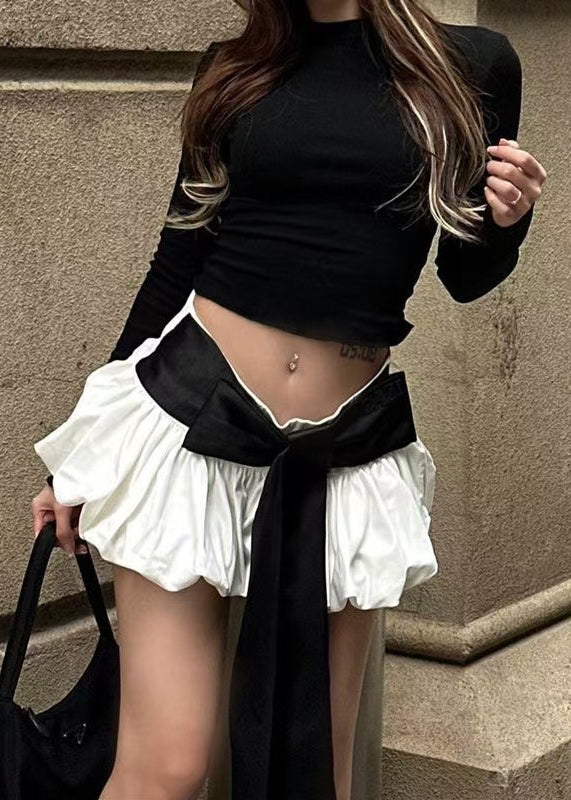New Black Tops and White Skirts Lace Up Cotton Two Pieces Set Spring