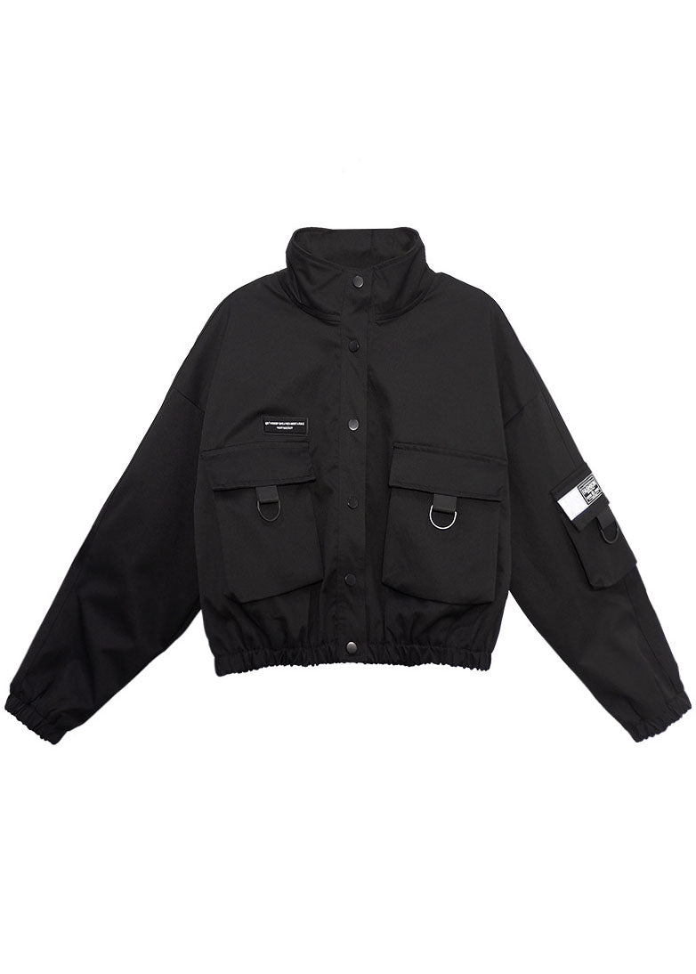 Art Black Stand Collar Pockets Button Fall Coat Long Sleeve
