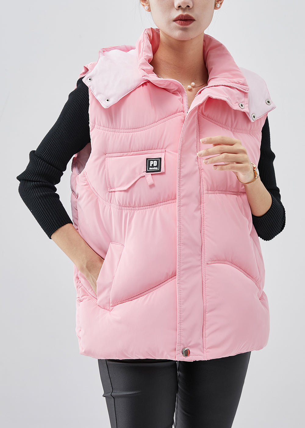 Pink Hooded Warm Fine Cotton Filled Puffers Vests Winter