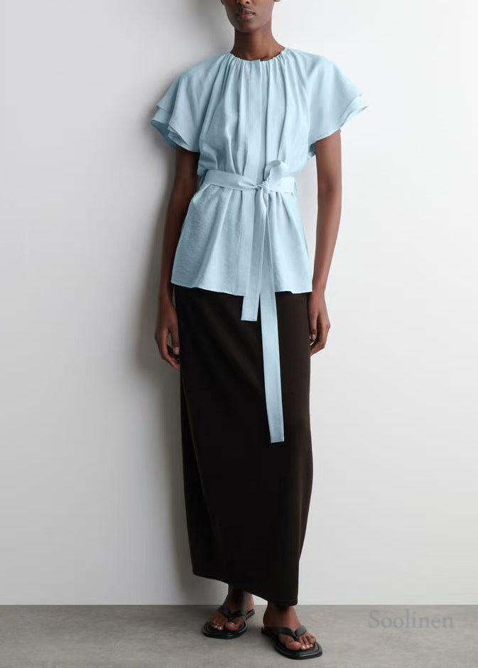 Blue Tie Waist Cotton Top Cloak Sleeves
