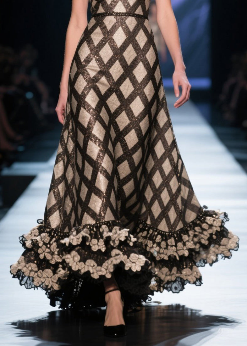 Black Deep-v Neck Plaid Silk Evening Dress Summer