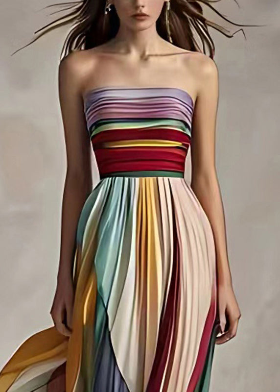 Slim Fit Striped Cold Shoulder Wrinkled Long Dress Sleeveless(ships in 24hrs)