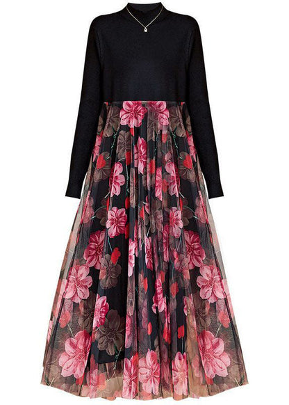 Boutique Black High Neck Patchwork Tulle Print Knit Maxi Dresses Spring