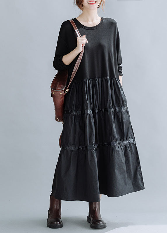 Black O-neck Patchwork Cotton Dress Spring