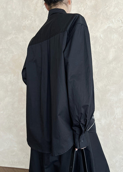 Black Cotton Shirt Tops Peter Pan Collar Graffiti Fall