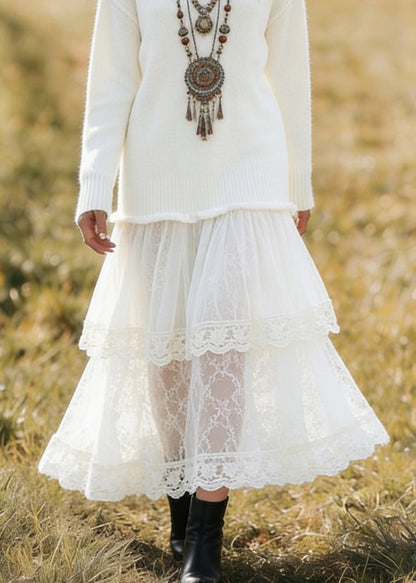 Unique White V Neck Lace Patchwork Knit Dress Spring