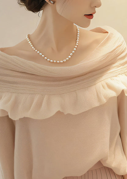 Apricot Slash Neck Ruffled Patchwork Knit Sweaters Spring