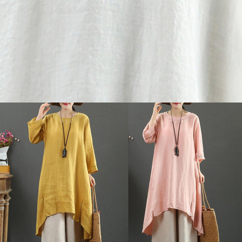 O Neck Low High Design Spring Clothes Shirts Yellow Embroidery Art Dress