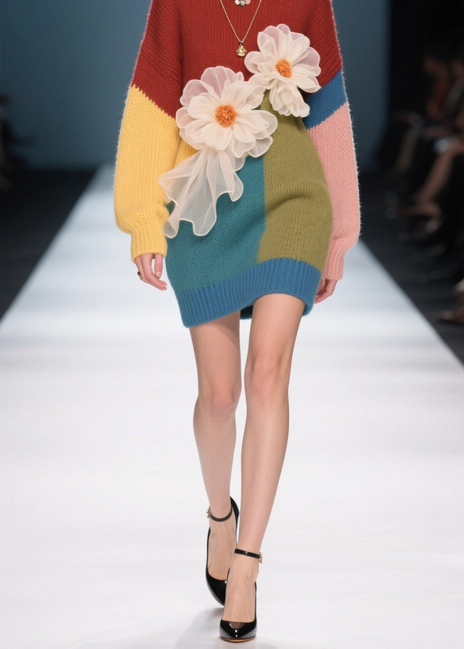 French Colorblock O Neck Knit Sweater Dress Fall