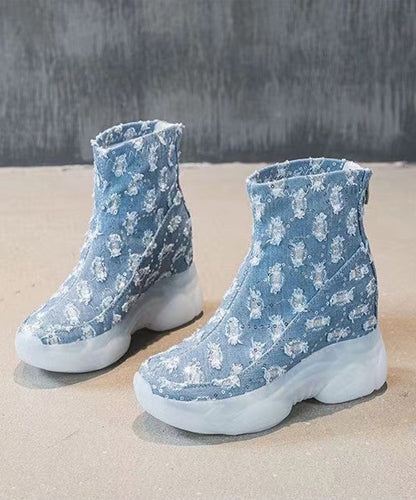 Baby Blue Cowboy Splicing Hollow Out Sequin Wedge High Wedge Heels Shoes