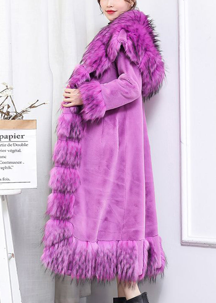 Purple Fur Collar Patchwork Tie Waist Faux Fur Long Coat Winter