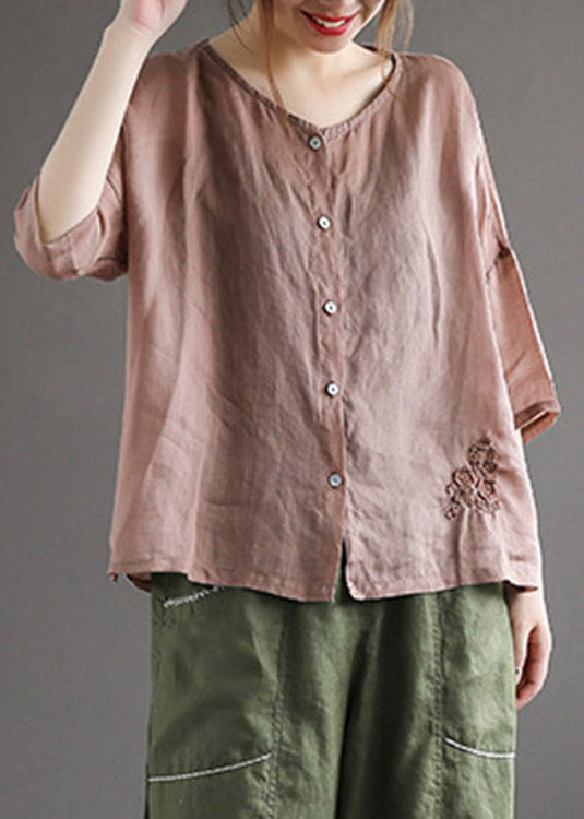 Classy Coffee O-neck Embroideried Button Linen Shirt Half Sleeve