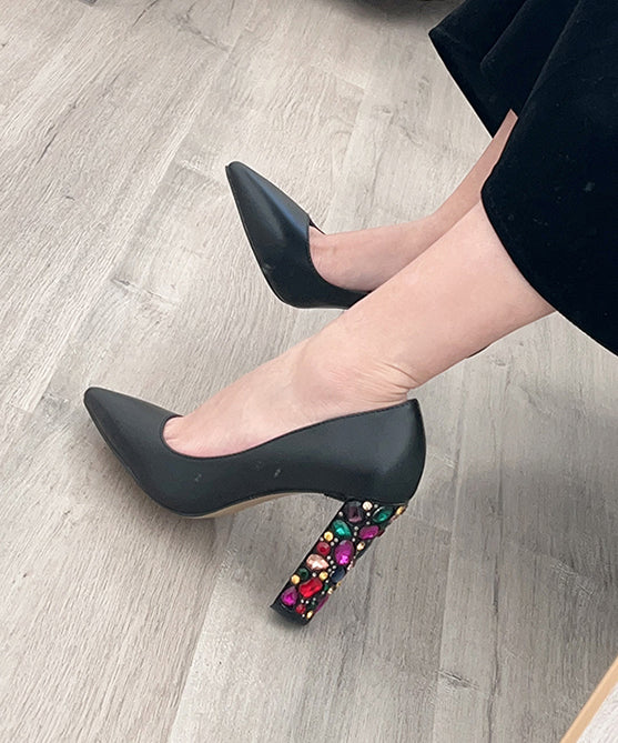 New Zircon Gold Pointed High Heels Cowhide Leather