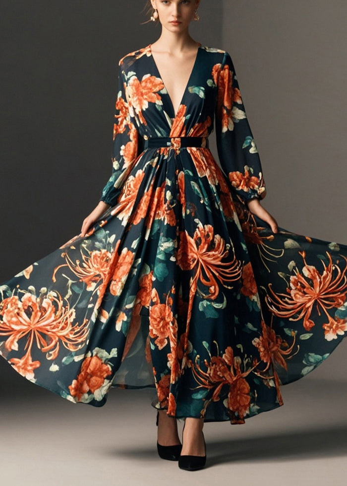 Black Cinched Print Chiffon Party Dress Fall