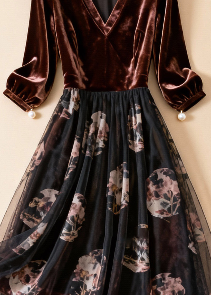 Coffee Print Pearl Tulle Patchwork Silk Velvet Dresses Bracelet Sleeve