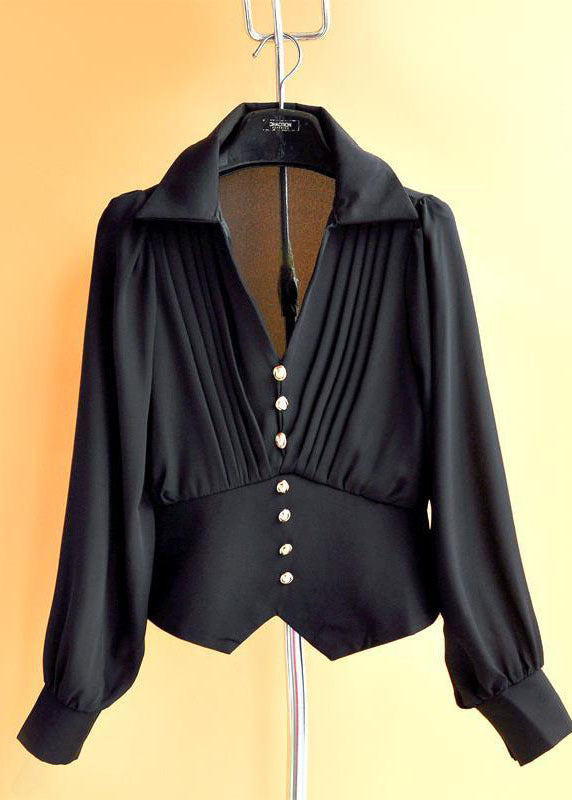 Black Peter Pan Collar Patchwork Wrinkled Chiffon Shirt Tops Long Sleeve