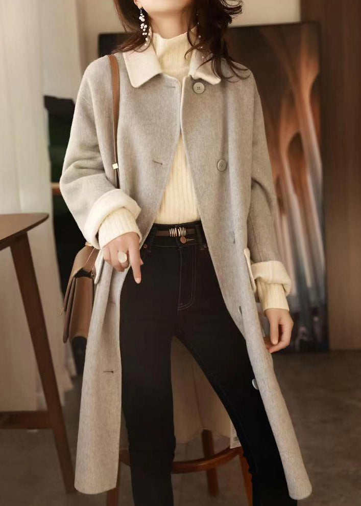 Grey Button Pockets Patchwork Woolen Long Coat Fall