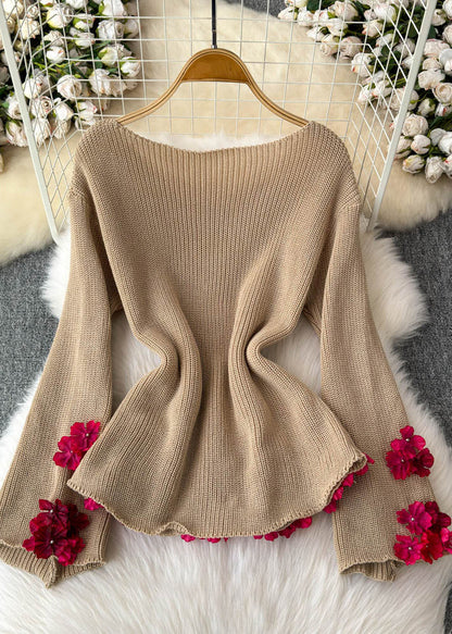 Stylish Khaki Slash Neck Cotton Knit Sweaters Winter