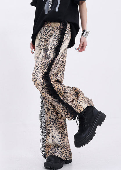 Leopard Pockets Lace Patchwork Denim Wide Leg Pants Fall