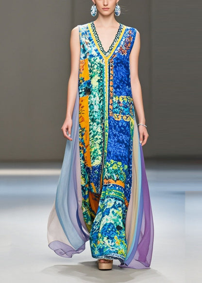 Modern Blue V Neck Patchwork Print Chiffon Robe Dresses Sleeveless Summer
