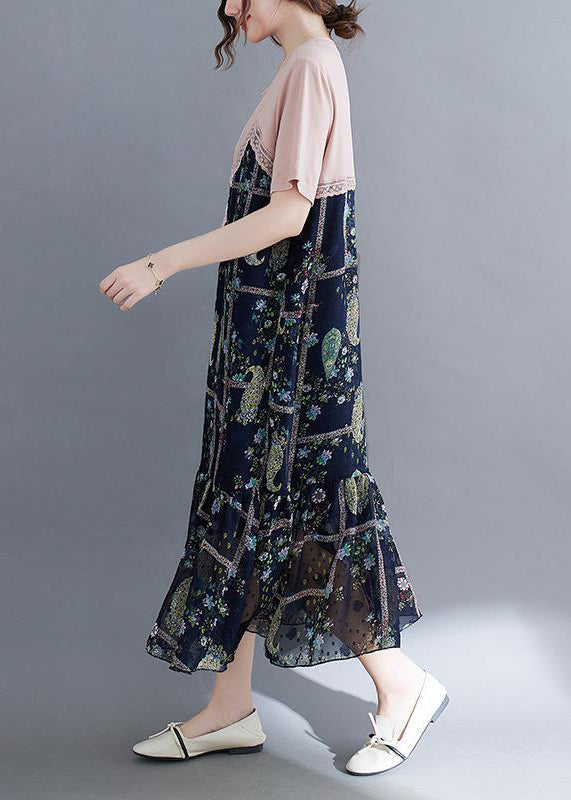Art Colorblock O-neck Patchwork Ruffles Cotton Dresses Summer