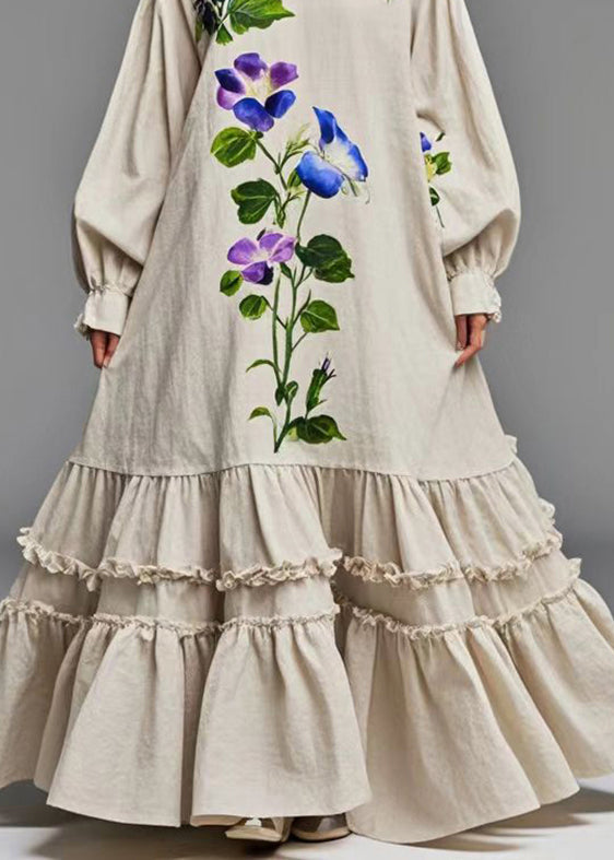 Beige Ruffled Print Cotton Holiday Dress Fall