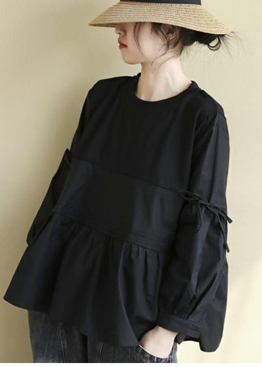 Black O-neck Low High Design Cotton Tops Long Sleeve