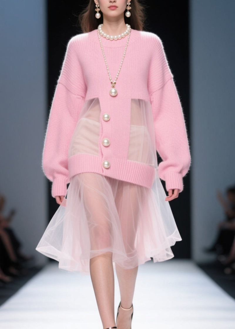 Pink O Neck Tulle Patchwork Knit Sweater Dress Fall