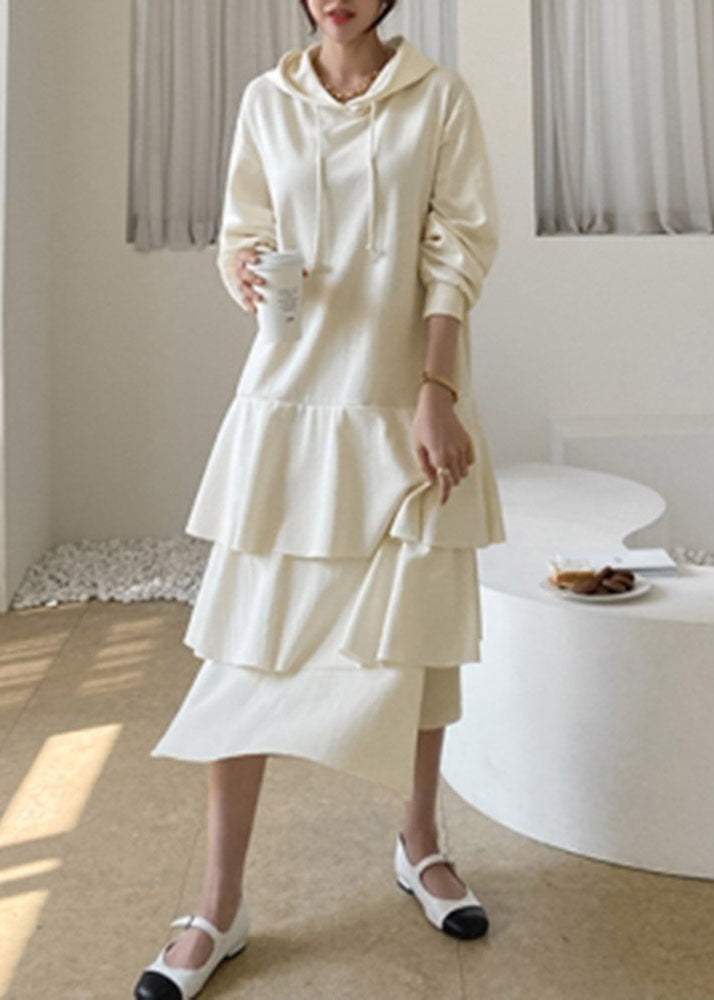 Apricot Hooded Patchwork Ruffled Cotton Dress Spring