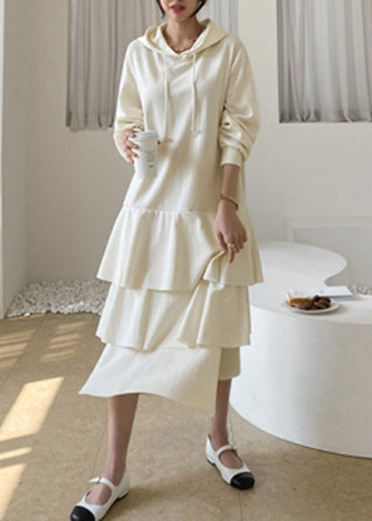 Apricot Hooded Patchwork Ruffled Cotton Dress Spring