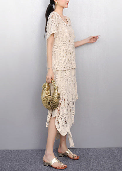 Beige O-neck Lace T Shirt and Maxi Skirts Two Piece Set Short Sleeve
