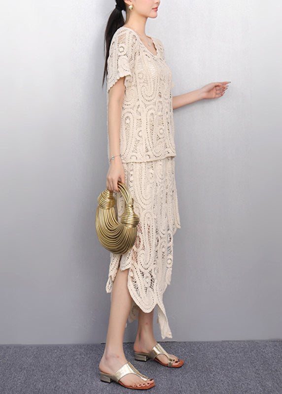 Beige O-neck Lace T Shirt and Maxi Skirts Two Piece Set Short Sleeve