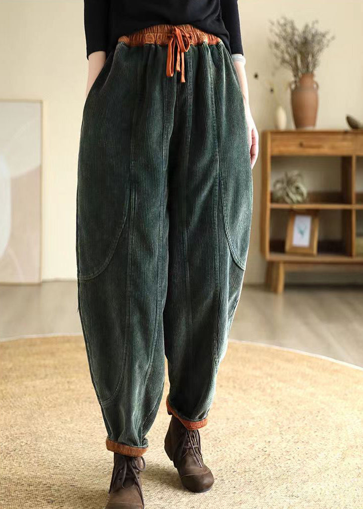Green Oversized Pockets Warm Fleece Corduroy Harem Pants Winter
