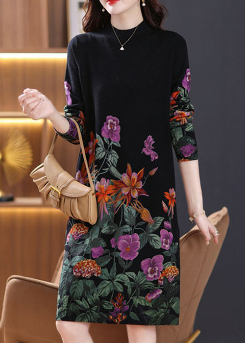 Black Turtleneck Print Wool Knit Dress Long Sleeve