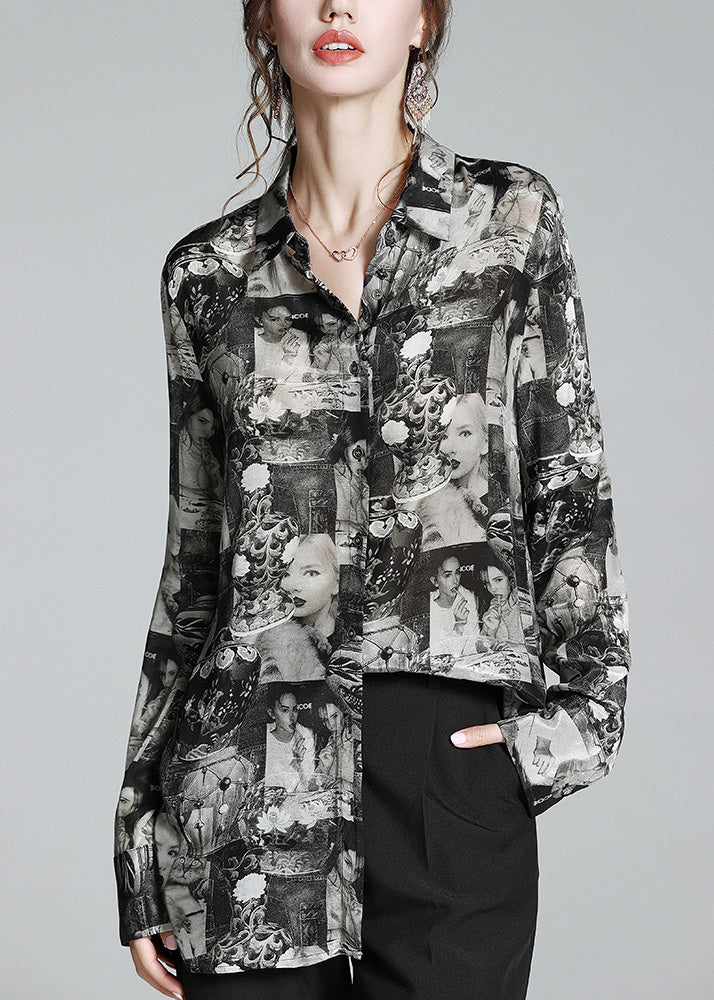 Black Peter Pan Collar Print Button Silk Shirt Long Sleeve
