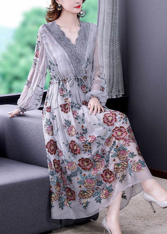Grey V Neck Patchwork Print Tulle Cinched Dress Spring