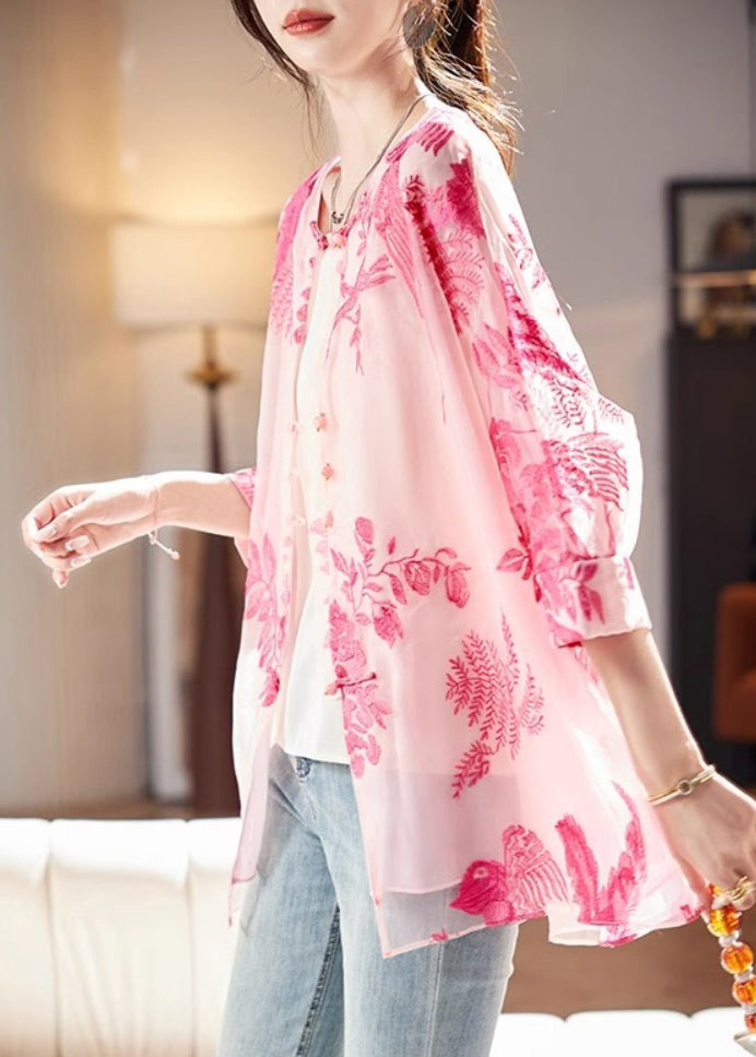 French Pink O-neck Print Silk Shirt Bracelet Sleeve