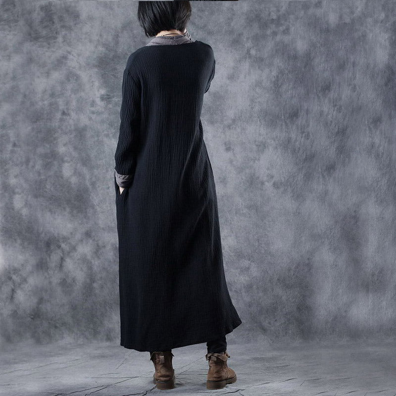 Black Grey V Neck Pockets Patchwork Fall Knit Long Sleeve Dress